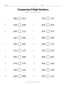 Comparing 3-Digit Numbers printable worksheet for grades 1 and 2