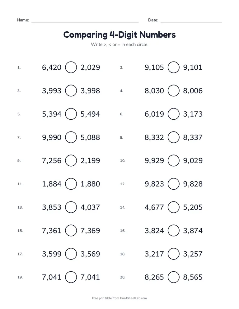 Comparing 4-Digit Numbers printable worksheet for grade 4