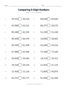 Comparing 5-Digit Numbers printable worksheet for grade 4