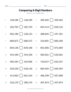 Comparing 6-Digit Numbers printable worksheet for grade 4