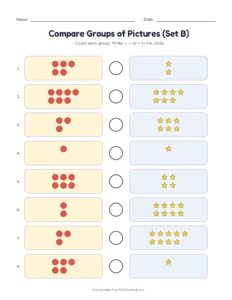 Compare Groups of Pictures (Set B) printable worksheet for kindergarten and grade 1