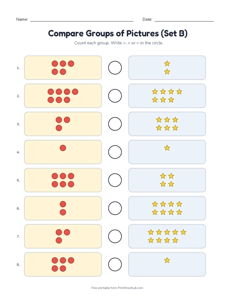Compare Groups of Pictures (Set B) printable worksheet for kindergarten and grade 1