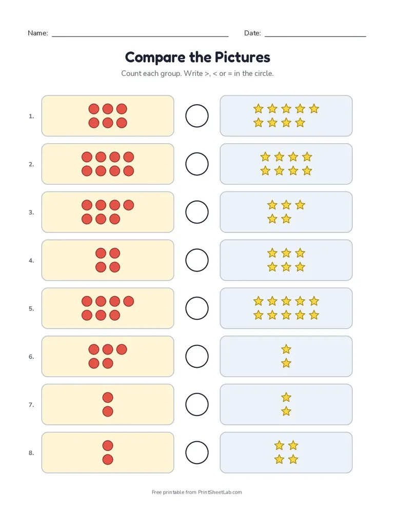 Comparing numbers worksheets: a printable page where children compare groups of pictures with the greater than, less than and equal signs