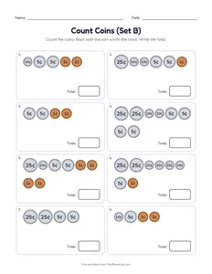 Count Coins (Set B) printable worksheet for grades 1 and 2