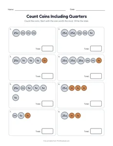 Count Coins Including Quarters printable worksheet for grades 1 and 2