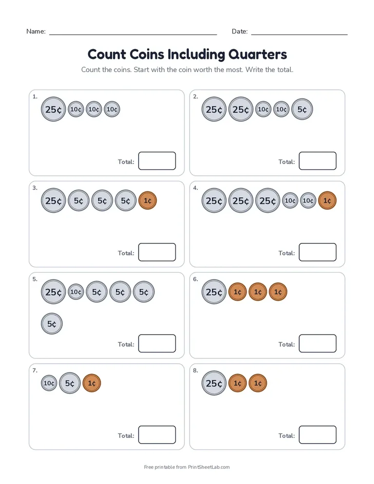 Count Coins Including Quarters printable worksheet for grades 1 and 2