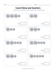 Count Dimes and Quarters printable worksheet for grades 1 and 2