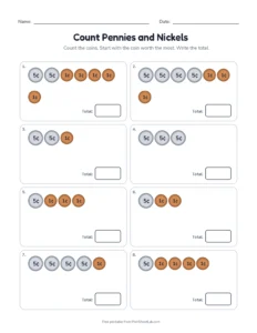 Count Pennies and Nickels printable worksheet for grades 1 and 2