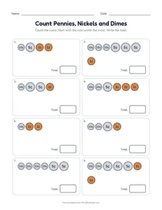Count Pennies, Nickels and Dimes printable worksheet for grades 1 and 2