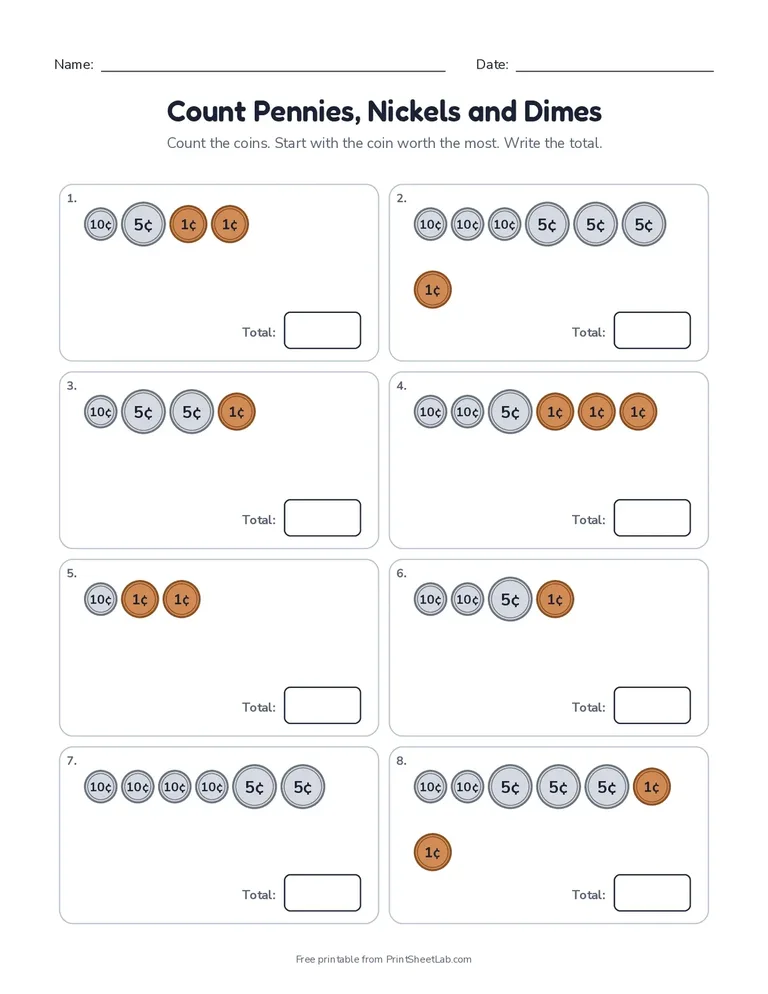 Money worksheets: a printable page for counting coins with pictures of pennies, nickels, dimes and quarters and an answer key