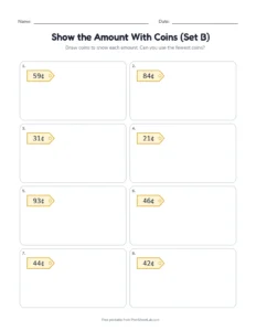 Show the Amount With Coins (Set B) printable worksheet for grades 1 and 2