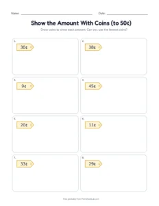 Show the Amount With Coins (to 50¢) printable worksheet for grades 1 and 2