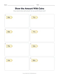 Show the Amount With Coins printable worksheet for grades 1 and 2