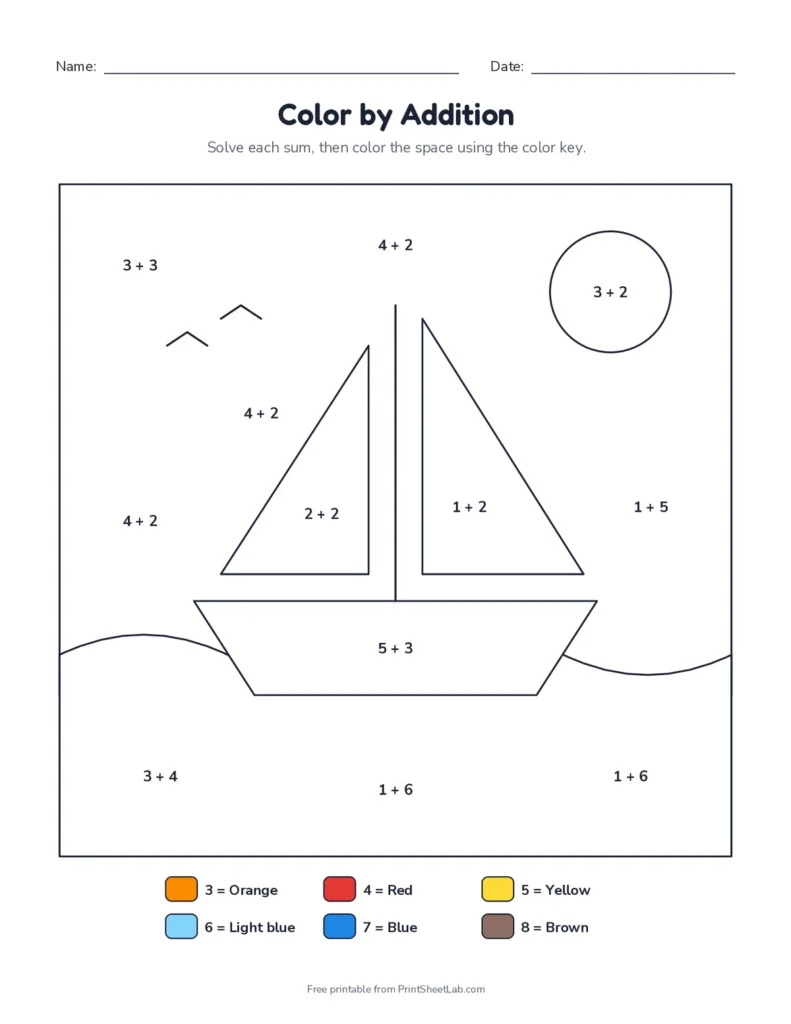 Color by addition worksheet with sums to 10 and a color key