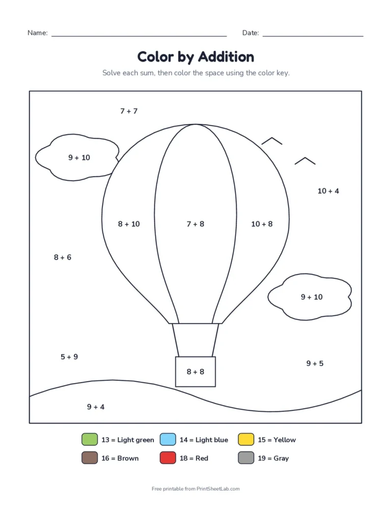 Color by addition worksheet with sums from 11 to 20