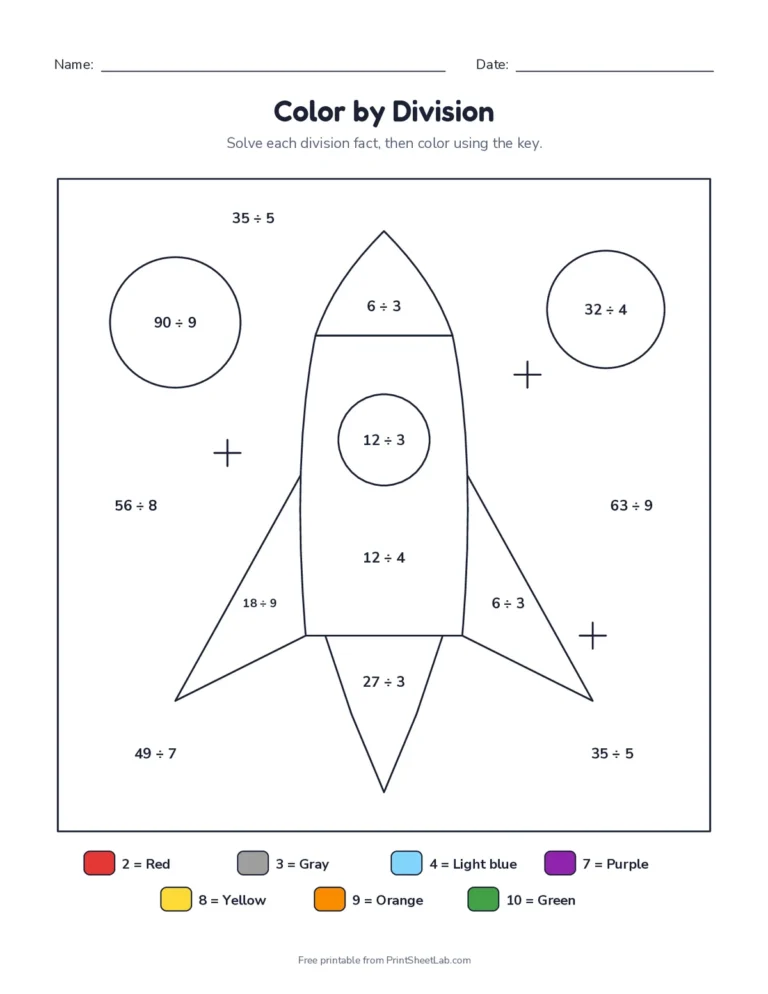 Color by division worksheet with division facts and a color key