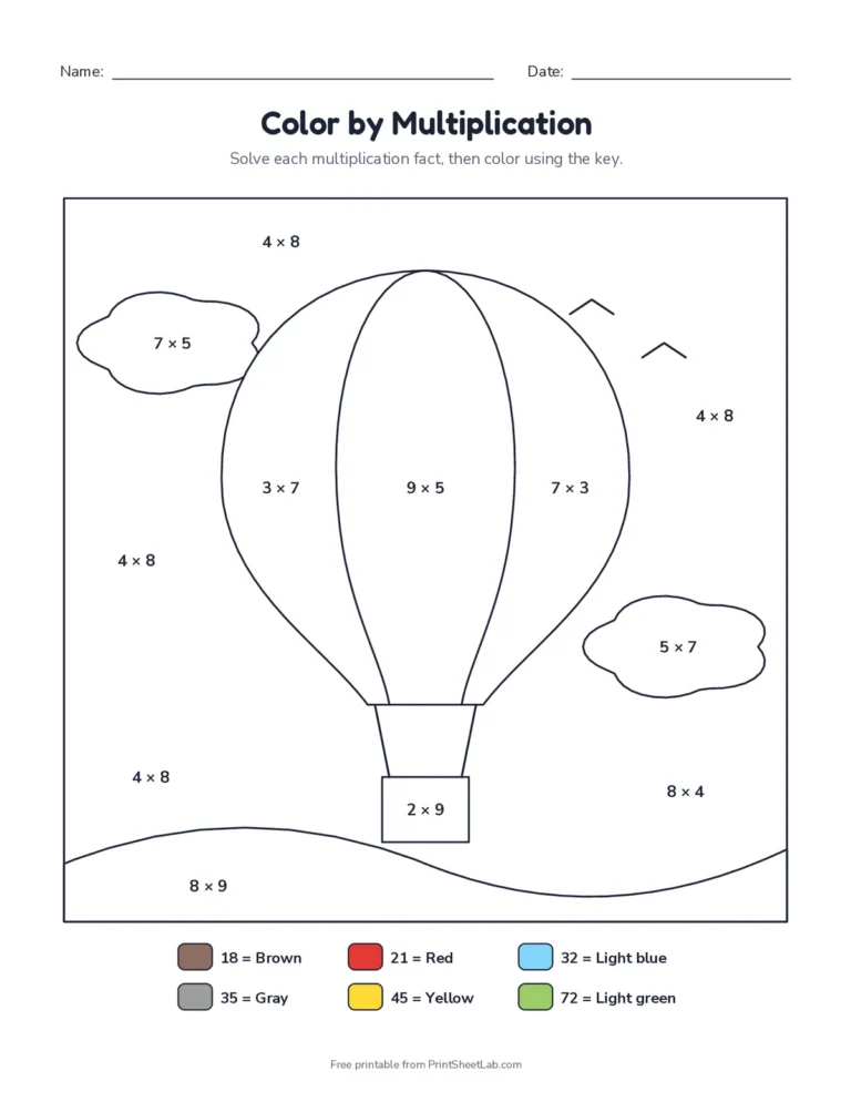 Color by multiplication worksheet with times table facts and a color key
