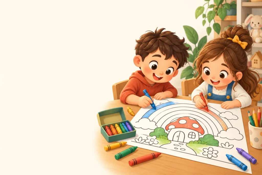 Two children coloring a rainbow and mushroom house picture with crayons