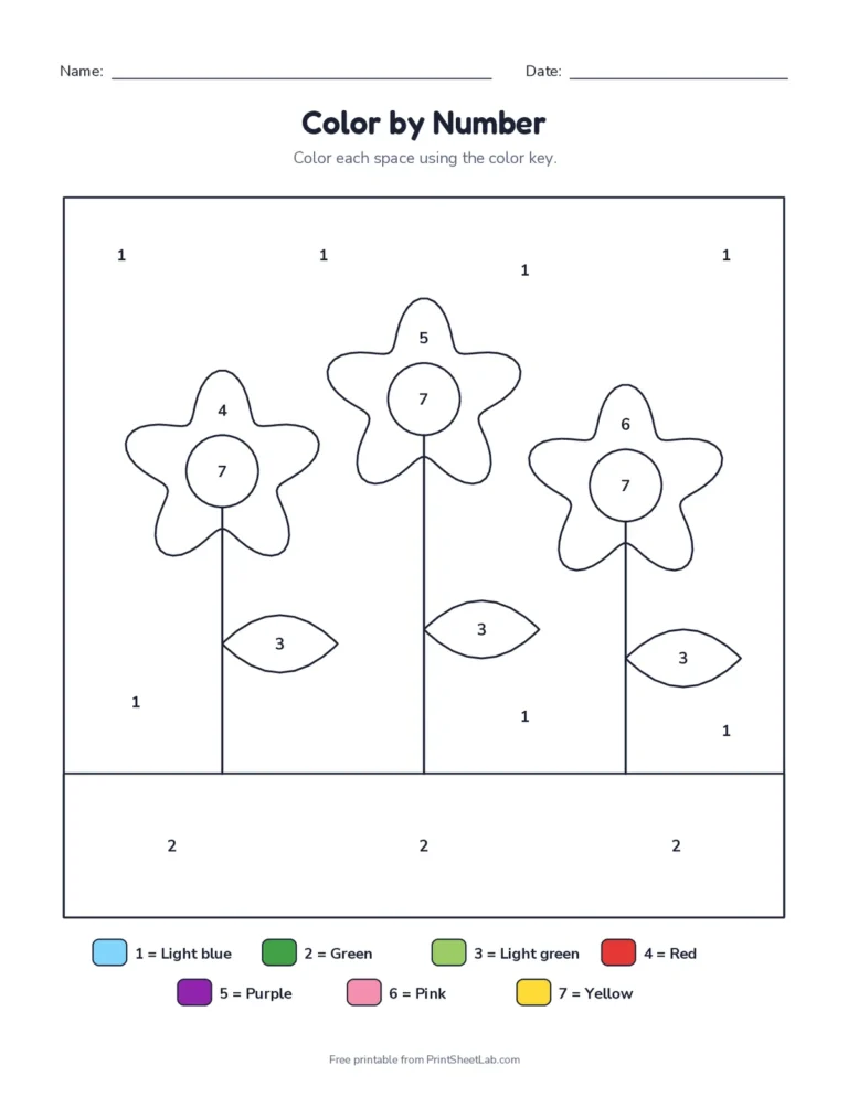 Color by number worksheet with a numbered picture and a color key