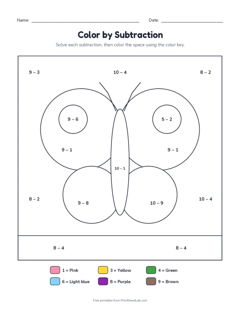 Color by subtraction worksheet within 10 with a color key