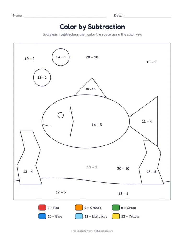 Color by subtraction worksheet with teen numbers