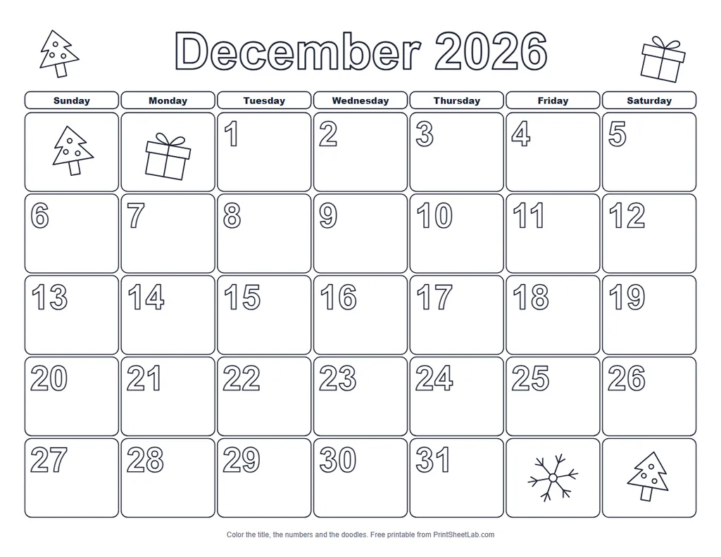 Coloring calendar printable with an outlined month title, hollow numbers and seasonal doodles