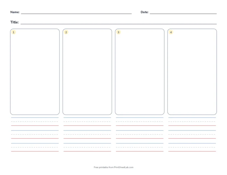 Four panel comic strip template with writing lines under each panel