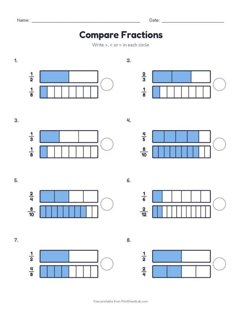 Compare fractions worksheet with fraction bars: write greater than, less than or equal, with answer key