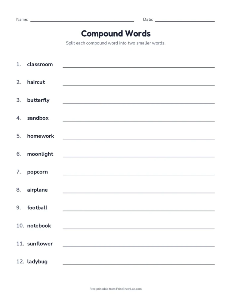 Split compound words worksheet with answer key