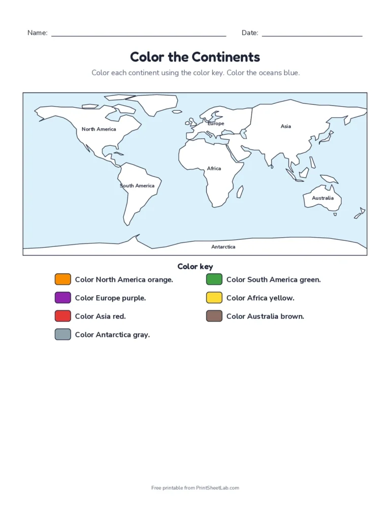 Color the continents worksheet with answer key