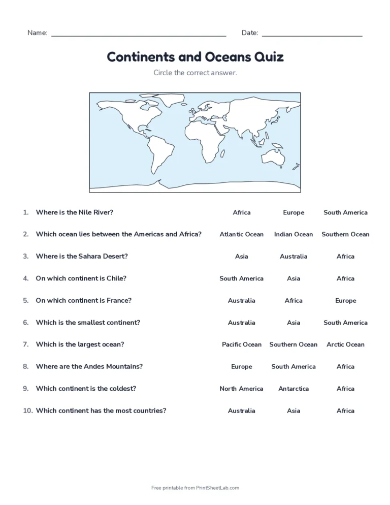 Continents and oceans quiz worksheet with answer key