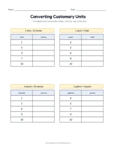 Converting Customary Units printable worksheet for grades 4 and 5