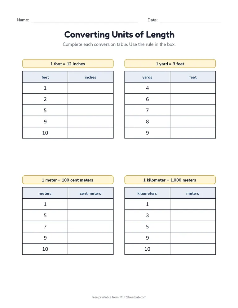 Converting Units of Length printable worksheet for grades 4 and 5