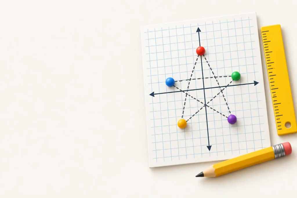 Illustration of graph paper with crossing axes and colorful push-pins joined into a star, with a ruler and pencil
