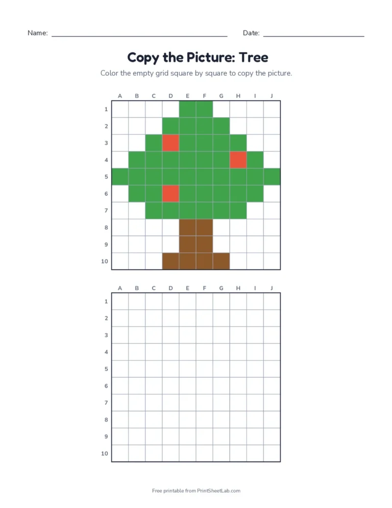 Grid drawing worksheets: copy a pixel picture square by square using lettered columns and numbered rows