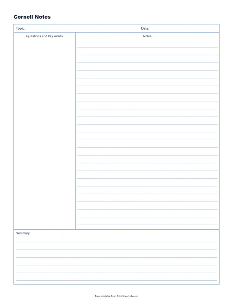 Printable Cornell notes template with cue column and summary box