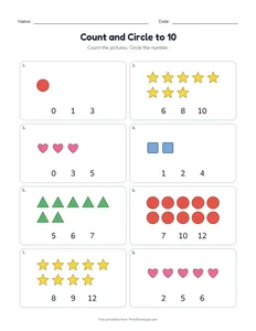 Preschool math worksheets: count and circle to 10