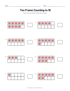 Ten Frame Counting to 10 printable worksheet for preschool and kindergarten