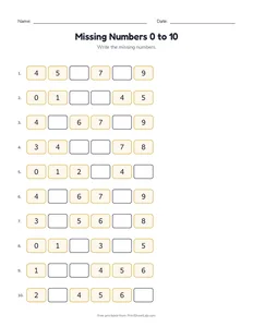 Missing Numbers 0 to 10 printable worksheet for preschool and kindergarten
