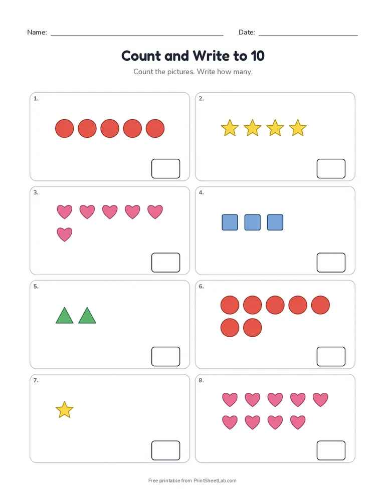 Counting worksheets: a printable page for counting objects with a number line and answer key