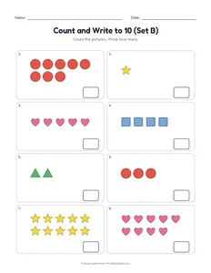 Count and Write to 10 (Set B) printable worksheet for preschool and kindergarten