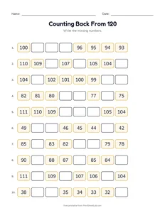 Counting Back From 120 printable worksheet for kindergarten to grade 2
