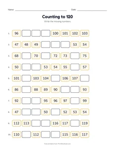 Counting to 120 printable worksheet for kindergarten to grade 2
