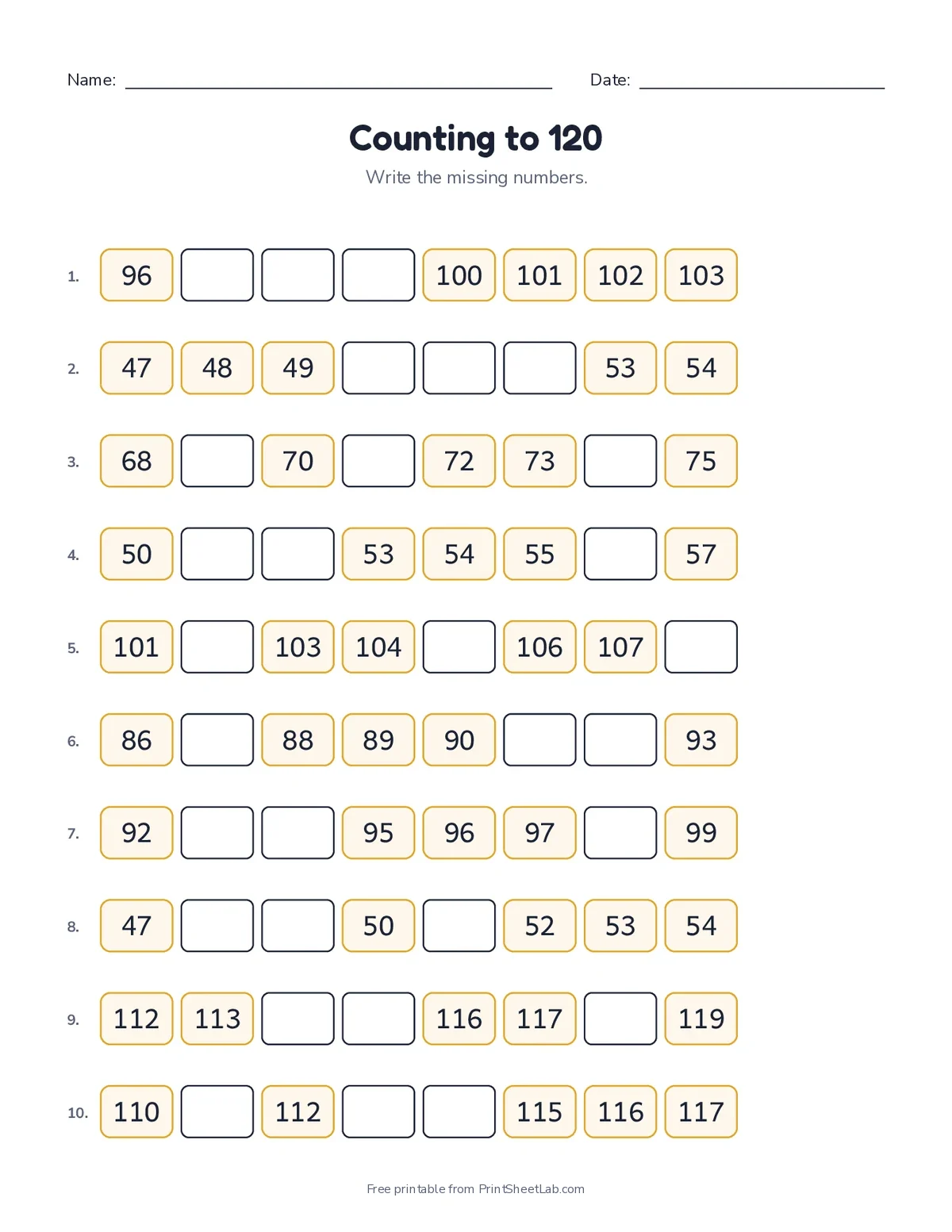 kindergarten counting worksheets: counting to 120