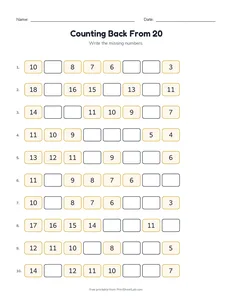 Counting Back From 20 printable worksheet for kindergarten