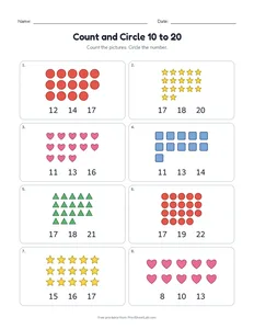 Count and Circle 10 to 20 printable worksheet for kindergarten