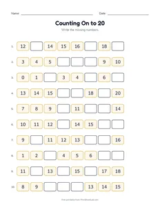 Counting On to 20 printable worksheet for kindergarten