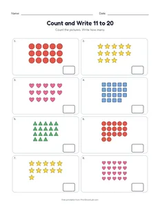 Count and Write 11 to 20 printable worksheet for kindergarten