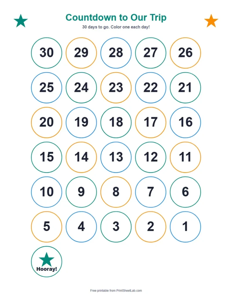 Countdown calendar printable with numbered spaces to color in until the big day