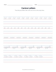 Cursive Alphabet A to Z printable worksheet for grades 2 to 4
